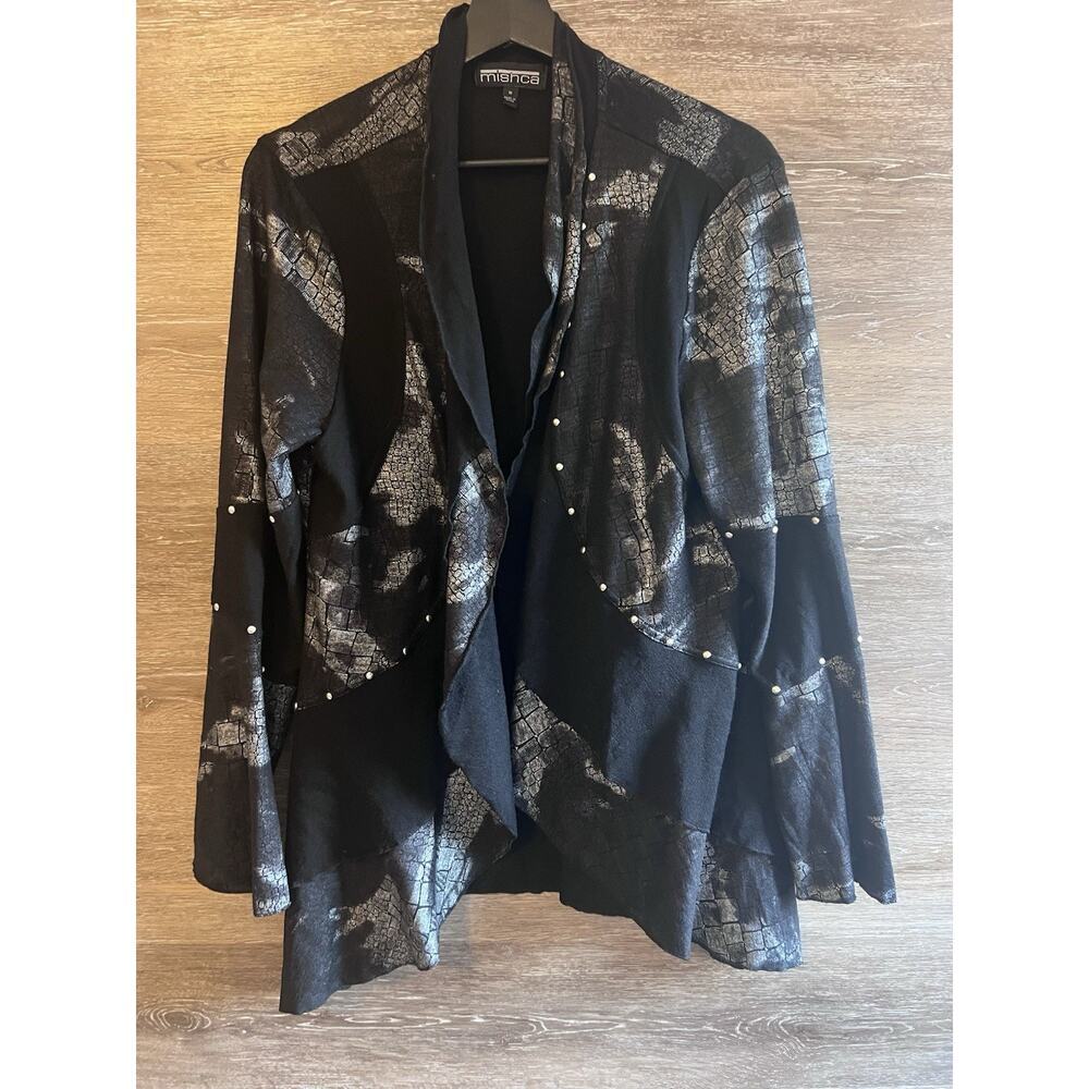 Mishca Studded Cardigan Sz M Black Silver Knit Duster Office Cocktail Elegant